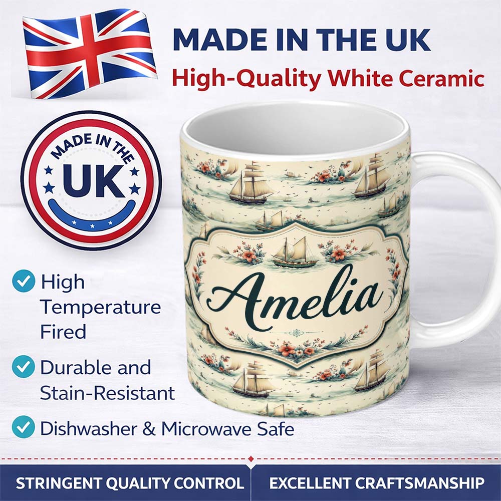 Personalized Custom Name Classic Sailing Ships Sea Waves Seamless Pattern Name Cute Unique 11oz Ceramic Coffee Tea Mug White Large Handle