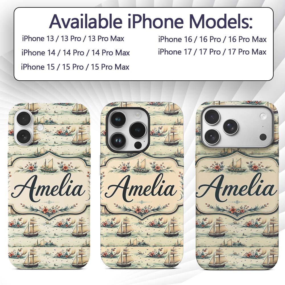 Classic Sailing Ships Sea Waves Seamless Pattern Custom Name Protective Phone Case Mobile Cover Durable Everyday Smartphone Shock Resistant