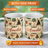 Personalized Custom Name Modern Christmas Trees Gifts Stars Ornaments Festive Seamless Lovely 11oz Ceramic Coffee Tea Mug White Large Handle