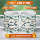 Personalized Custom Name Vintage Sailing Boats Ocean Waves Seamless Pattern Name Cute Unique 11oz Ceramic Coffee Tea Mug White Large Handle