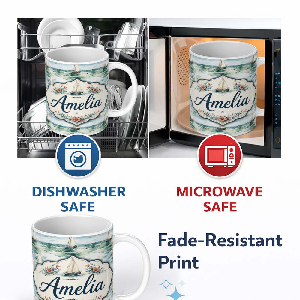 Personalized Custom Name Vintage Sailing Boats Ocean Waves Seamless Pattern Name Cute Unique 11oz Ceramic Coffee Tea Mug White Large Handle