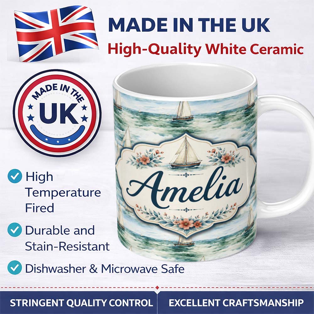 Personalized Custom Name Vintage Sailing Boats Ocean Waves Seamless Pattern Name Cute Unique 11oz Ceramic Coffee Tea Mug White Large Handle
