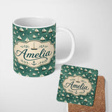 Personalized Custom Name Minimal Sailing Boats Teal Sea Seamless Pattern Name Cute Unique 11oz Ceramic Coffee Tea Mug White Large Handle