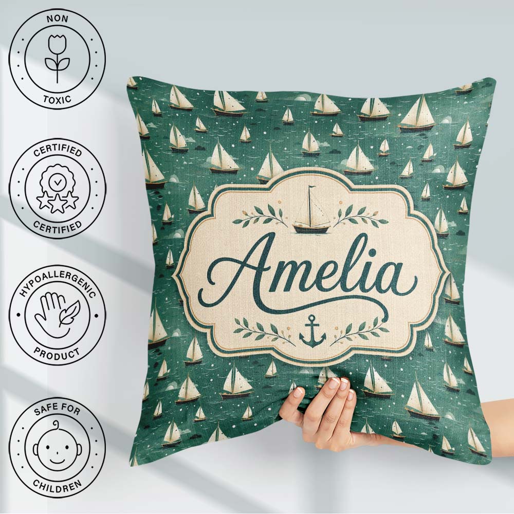 Custom Name Minimal Sailing Boats Teal Sea Seamless Pattern Name Square Filled Cushion Throw Pillow Sofa Bed Home Decor Zip Washable UK Made