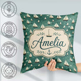 Custom Name Minimal Sailing Boats Teal Sea Seamless Pattern Name Square Filled Cushion Throw Pillow Sofa Bed Home Decor Zip Washable UK Made