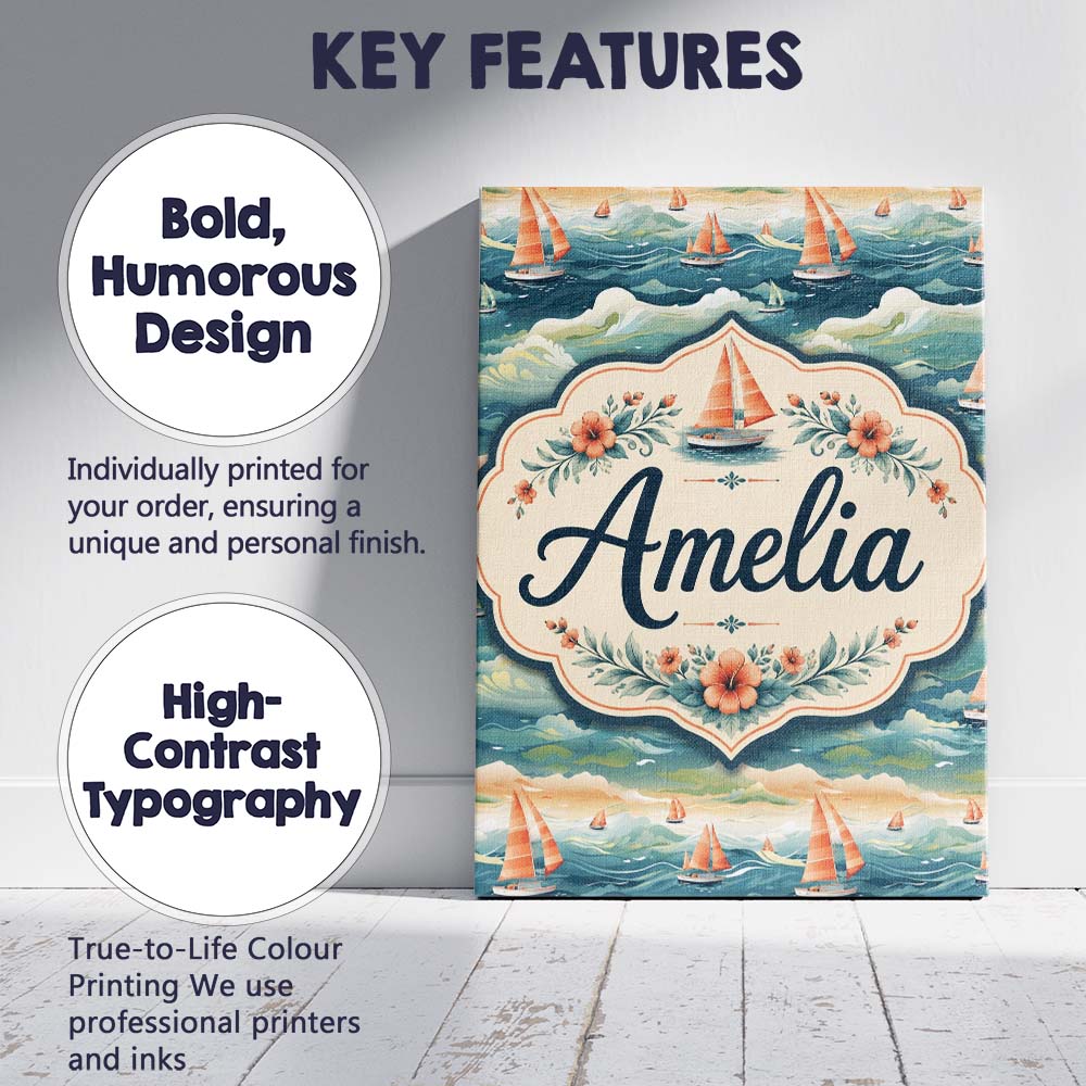 Personalised Name Orange Sailboats Ocean Custom  Unique Gift Idea Elegant Feature Canvas Wall Art Print Decor Picture Ready to Hang