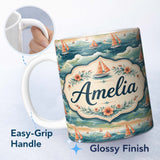 Personalized Custom Name Orange Sailboats Ocean Waves Seamless Pattern Custom Name Cute 11oz Ceramic Coffee Tea Mug White Large Handle
