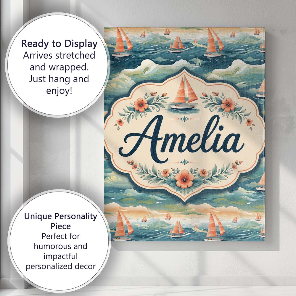 Personalised Name Orange Sailboats Ocean Custom  Unique Gift Idea Elegant Feature Canvas Wall Art Print Decor Picture Ready to Hang