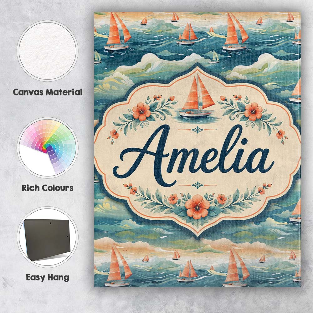 Personalised Name Orange Sailboats Ocean Custom  Unique Gift Idea Elegant Feature Canvas Wall Art Print Decor Picture Ready to Hang