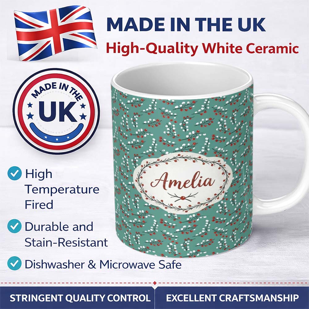 Personalized Custom Name Soft Blue Green Foliage with Red Berries Watercolor Seamless Pattern 11oz Ceramic Coffee Tea Mug White Large Handle