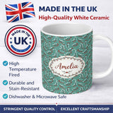 Personalized Custom Name Soft Blue Green Foliage with Red Berries Watercolor Seamless Pattern 11oz Ceramic Coffee Tea Mug White Large Handle