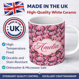 Personalized Custom Name Bright Pink Floral Bloom Dense Botanical Seamless Pattern Lovely 11oz Ceramic Coffee Tea Mug White Large Handle