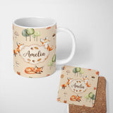 Personalized Custom Name Woodland Fox with Trees Leaves Mushrooms Soft Beige Seamless 11oz Ceramic Coffee Tea Mug White Large Handle