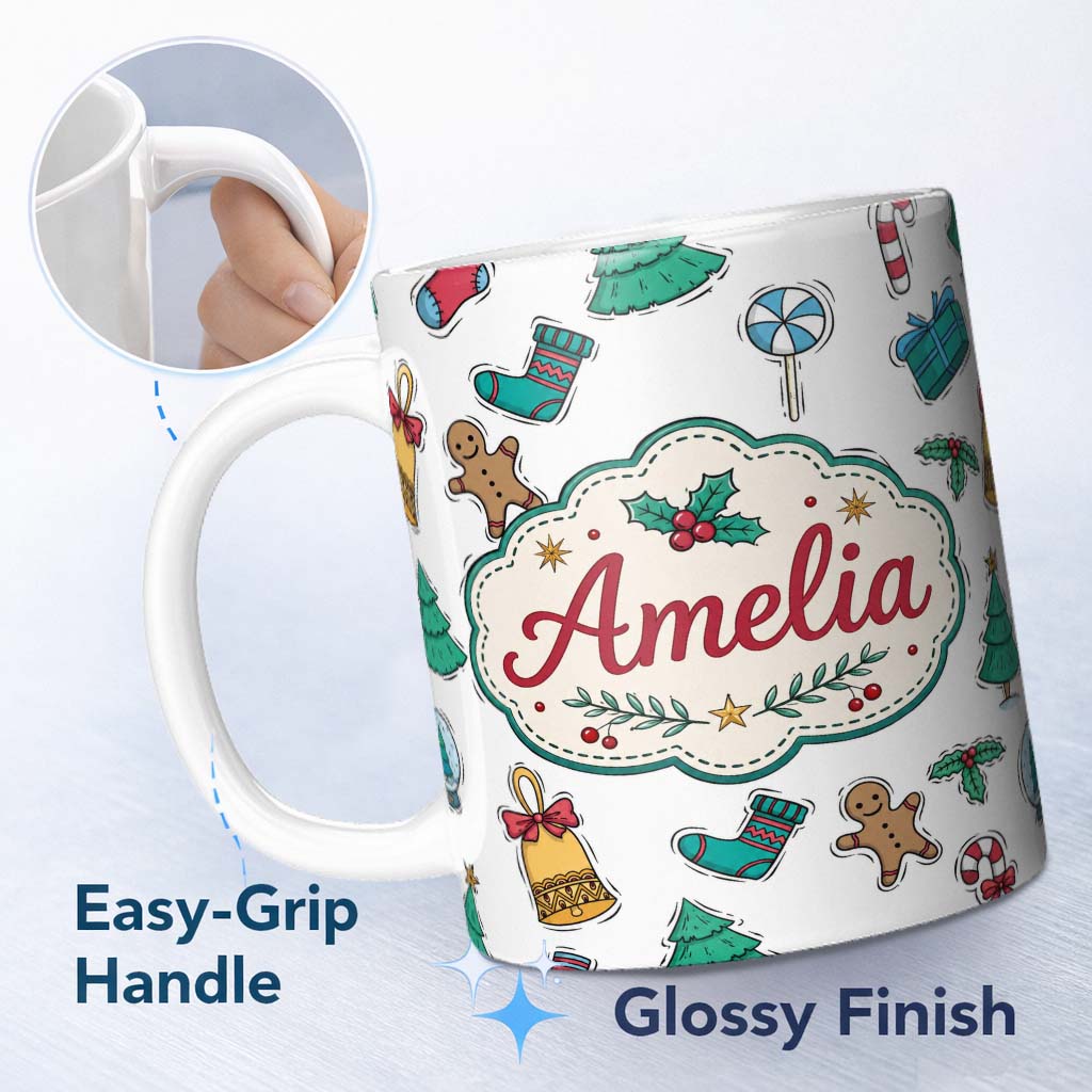 Personalized Custom Name Cute Gingerbread Cookie Ornament Tree Bell Seamless Pattern Lovely 11oz Ceramic Coffee Tea Mug White Large Handle