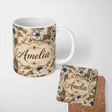 Personalized Custom Name Vintage Neutral Floral Detailed Flowers and Leopard Print Panel 11oz Ceramic Coffee Tea Mug White Large Handle