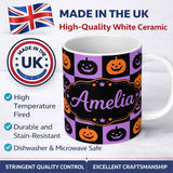 Personalized Custom Name Black Orange Pumpkin Checkerboard Halloween Seamless Pattern UK 11oz Ceramic Coffee Tea Mug White Large Handle