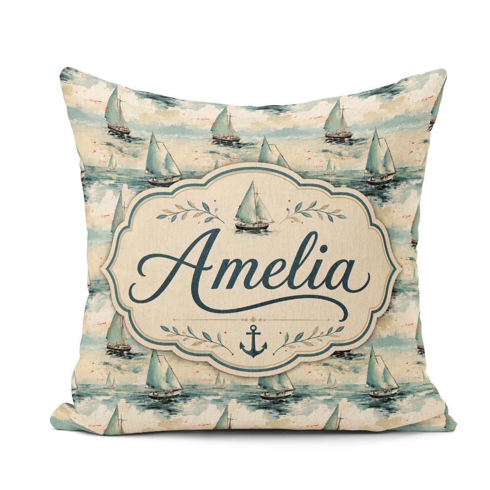Custom Name Classic Sailboats Sea Painting Seamless Pattern Name Square Filled Cushion Throw Pillow Sofa Bed Home Decor Zip Washable UK Made