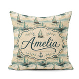 Custom Name Classic Sailboats Sea Painting Seamless Pattern Name Square Filled Cushion Throw Pillow Sofa Bed Home Decor Zip Washable UK Made