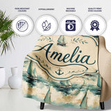 Classic Sailboats Sea Painting Style Seamless Pattern Name Cute  Personalised Custom Name Super Soft Fleece Blanket Bed Sofa Throw
