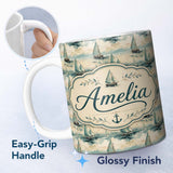 Personalized Custom Name Classic Sailboats Sea Painting Style Seamless Pattern Name Cute 11oz Ceramic Coffee Tea Mug White Large Handle