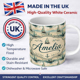 Personalized Custom Name Classic Sailboats Sea Painting Style Seamless Pattern Name Cute 11oz Ceramic Coffee Tea Mug White Large Handle
