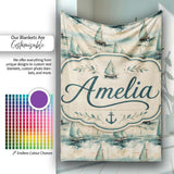 Classic Sailboats Sea Painting Style Seamless Pattern Name Cute  Personalised Custom Name Super Soft Fleece Blanket Bed Sofa Throw