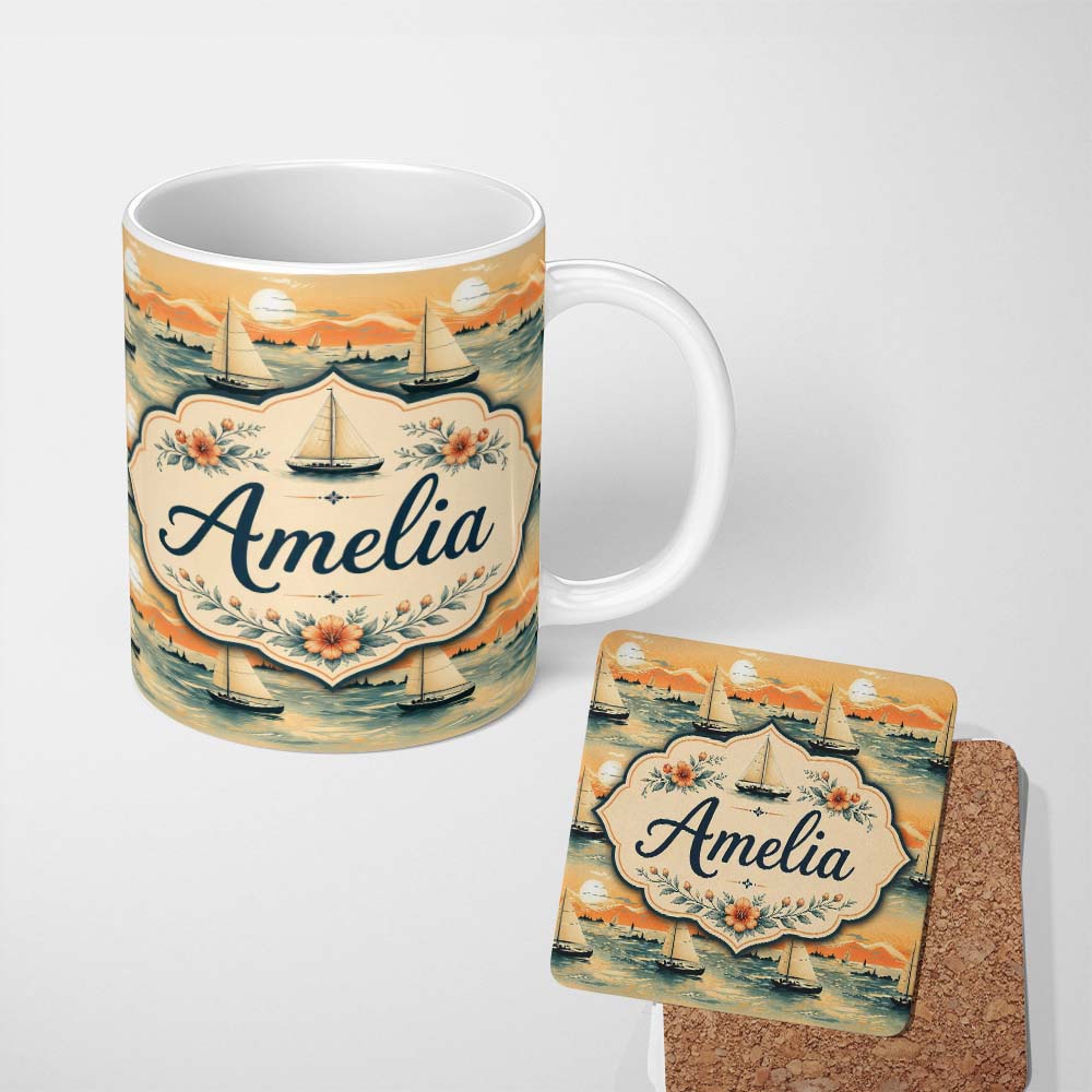 Personalized Custom Name Sunset Sailing Boats Calm Sea Seamless Pattern Name Cute Unique Gift 11oz Ceramic Coffee Tea Mug White Large Handle