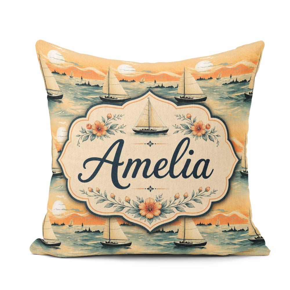 Custom Name Sunset Sailing Boats Calm Sea Seamless Pattern Name Square Filled Cushion Throw Pillow Sofa Bed Home Decor Zip Washable UK Made