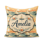 Custom Name Sunset Sailing Boats Calm Sea Seamless Pattern Name Square Filled Cushion Throw Pillow Sofa Bed Home Decor Zip Washable UK Made