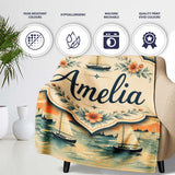 Sunset Sailing Boats Calm Sea Seamless Pattern Name Cute Unique Gift  Personalised Custom Name Super Soft Fleece Blanket Bed Sofa Throw