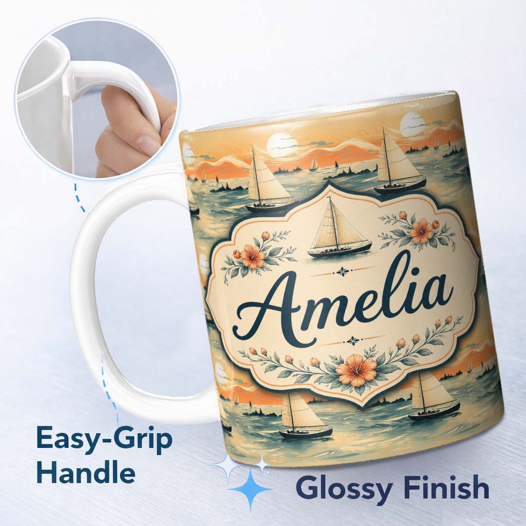 Personalized Custom Name Sunset Sailing Boats Calm Sea Seamless Pattern Name Cute Unique Gift 11oz Ceramic Coffee Tea Mug White Large Handle