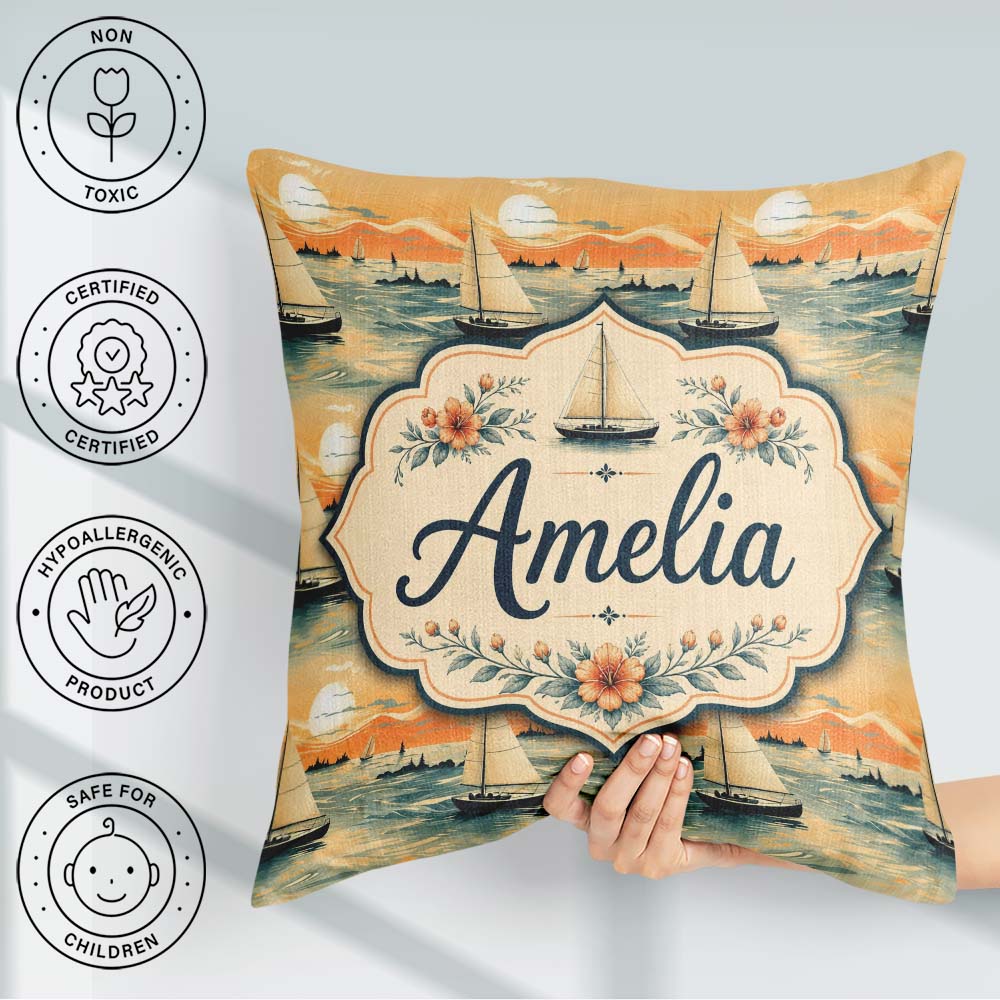 Custom Name Sunset Sailing Boats Calm Sea Seamless Pattern Name Square Filled Cushion Throw Pillow Sofa Bed Home Decor Zip Washable UK Made
