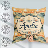 Custom Name Sunset Sailing Boats Calm Sea Seamless Pattern Name Square Filled Cushion Throw Pillow Sofa Bed Home Decor Zip Washable UK Made