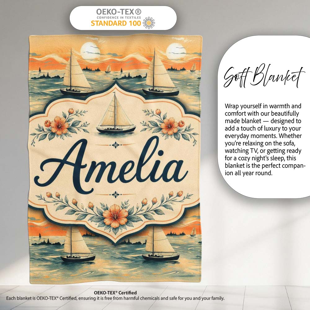 Sunset Sailing Boats Calm Sea Seamless Pattern Name Cute Unique Gift  Personalised Custom Name Super Soft Fleece Blanket Bed Sofa Throw