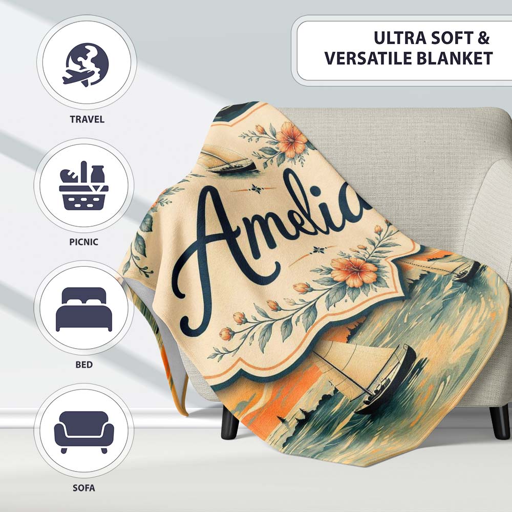 Sunset Sailing Boats Calm Sea Seamless Pattern Name Cute Unique Gift  Personalised Custom Name Super Soft Fleece Blanket Bed Sofa Throw