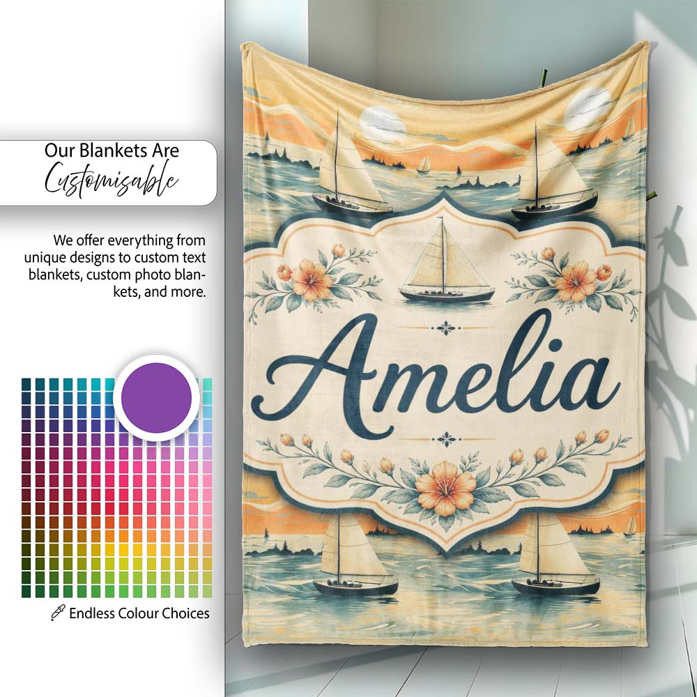 Sunset Sailing Boats Calm Sea Seamless Pattern Name Cute Unique Gift  Personalised Custom Name Super Soft Fleece Blanket Bed Sofa Throw