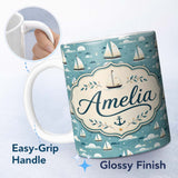 Personalized Custom Name Cute Sailing Boats Sky Clouds Seamless Pattern Name Unique Gift 11oz Ceramic Coffee Tea Mug White Large Handle
