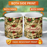 Personalized Custom Name Vintage Christmas Collage Postcard Floral Bauble Festive Seamless 11oz Ceramic Coffee Tea Mug White Large Handle