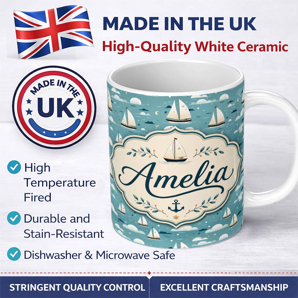 Personalized Custom Name Cute Sailing Boats Sky Clouds Seamless Pattern Name Unique Gift 11oz Ceramic Coffee Tea Mug White Large Handle