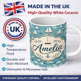 Personalized Custom Name Cute Sailing Boats Sky Clouds Seamless Pattern Name Unique Gift 11oz Ceramic Coffee Tea Mug White Large Handle