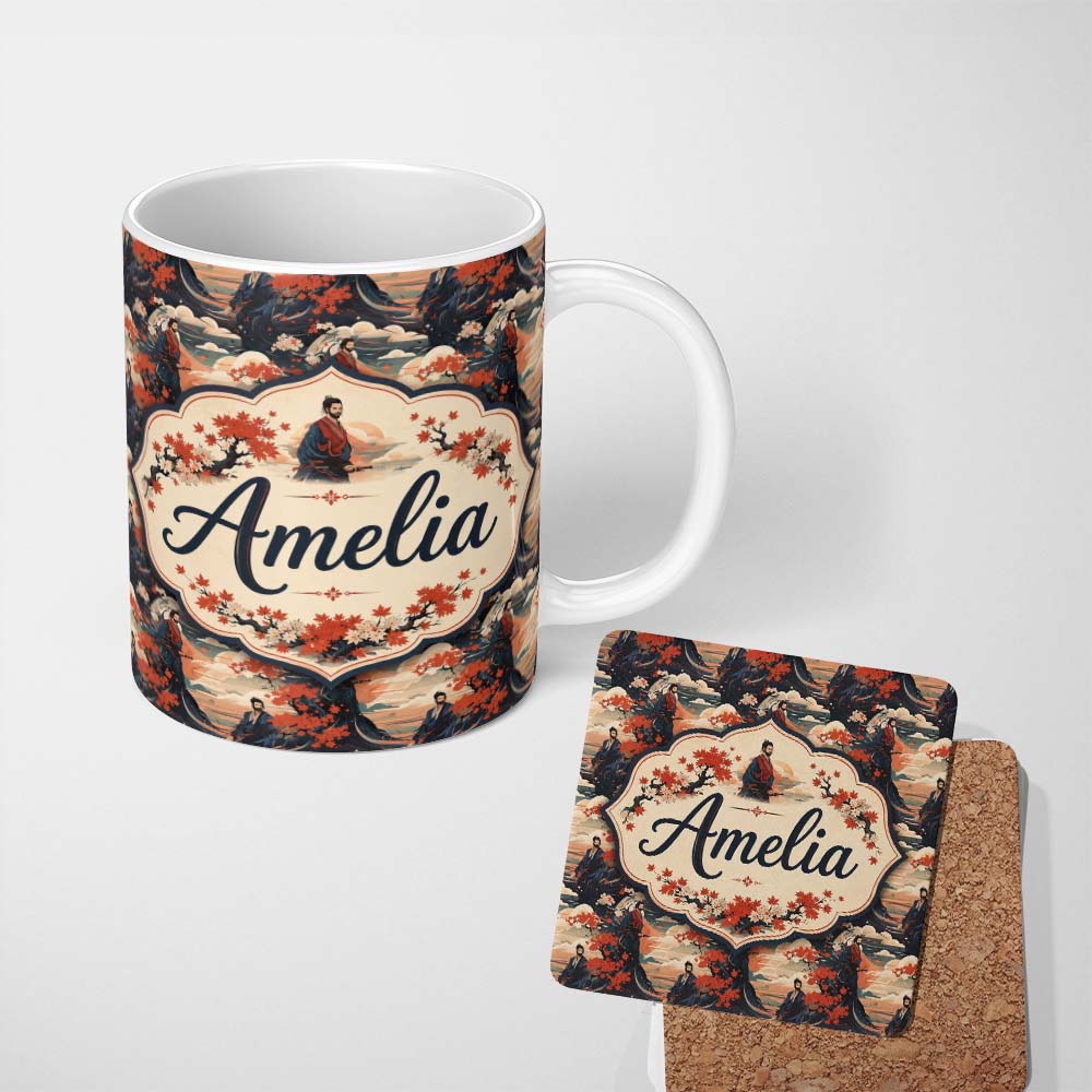 Personalized Custom Name Japanese Samurai Autumn Landscape Seamless Pattern Name Cute Unique 11oz Ceramic Coffee Tea Mug White Large Handle