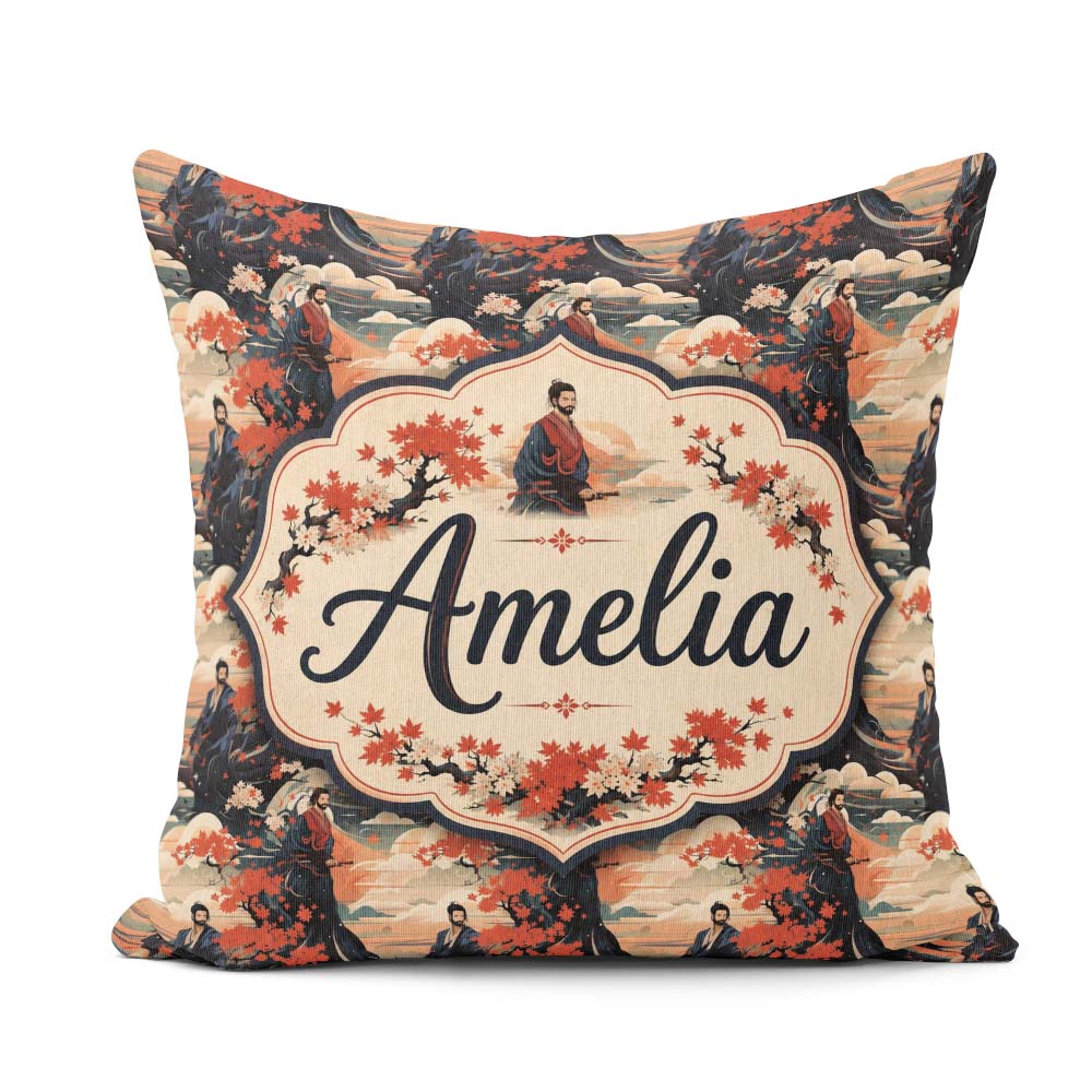 Custom Name Japanese Samurai Autumn Landscape Seamless Name Cute Square Filled Cushion Throw Pillow Sofa Bed Home Decor Zip Washable UK Made