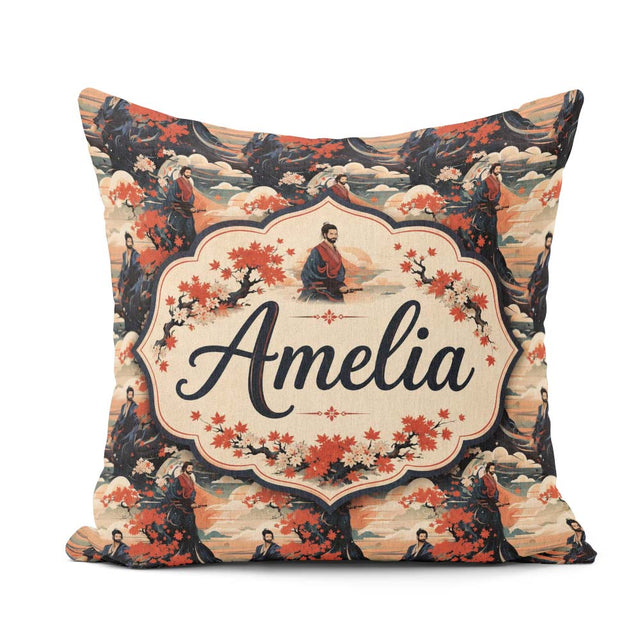 Custom Name Japanese Samurai Autumn Landscape Seamless Name Cute Square Filled Cushion Throw Pillow Sofa Bed Home Decor Zip Washable UK Made