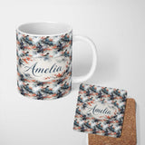 Personalized Custom Name Asian Woman Floral Tree Art Seamless Pattern Name Cute Unique Gift 11oz Ceramic Coffee Tea Mug White Large Handle