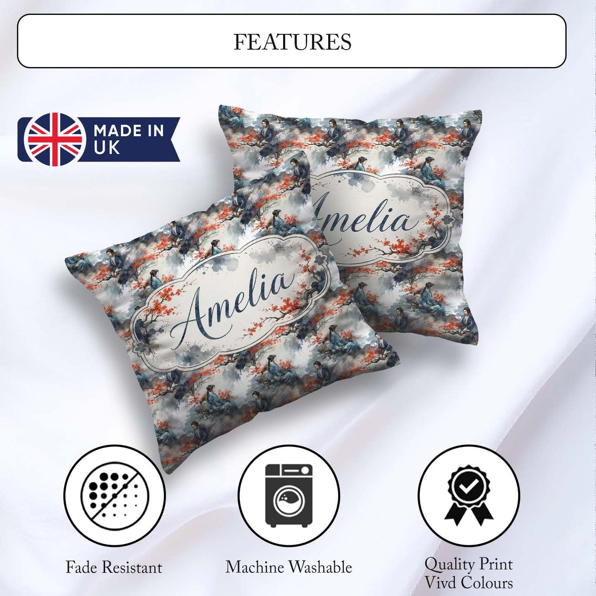 Custom Name Asian Woman Floral Tree Art Seamless Pattern Name Square Filled Cushion Throw Pillow Sofa Bed Home Decor Zip Washable UK Made