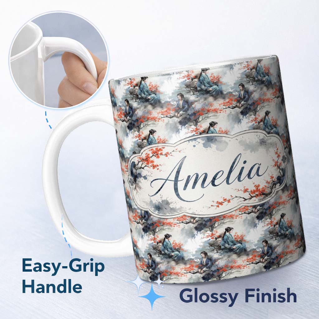 Personalized Custom Name Asian Woman Floral Tree Art Seamless Pattern Name Cute Unique Gift 11oz Ceramic Coffee Tea Mug White Large Handle