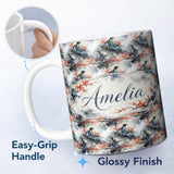 Personalized Custom Name Asian Woman Floral Tree Art Seamless Pattern Name Cute Unique Gift 11oz Ceramic Coffee Tea Mug White Large Handle