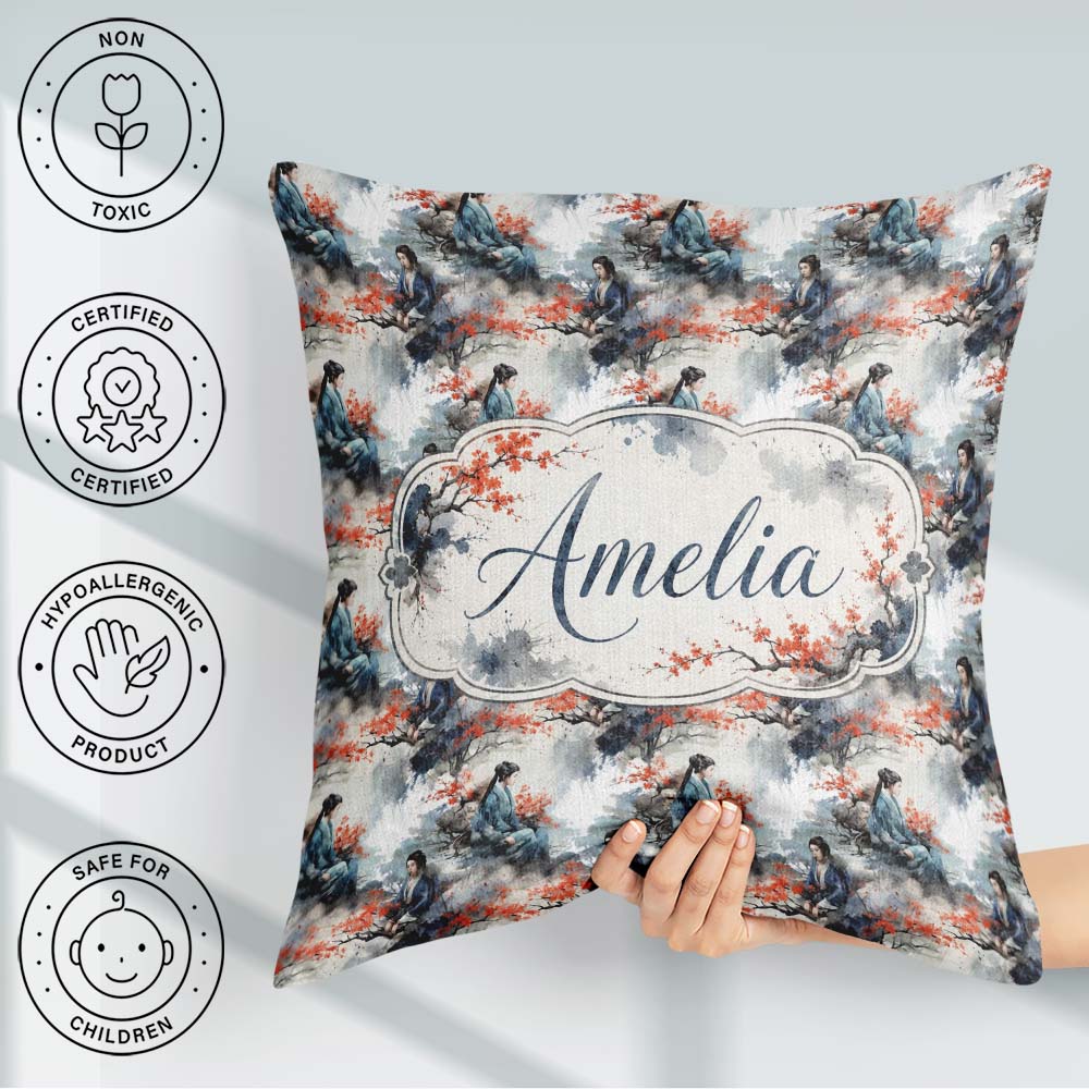 Custom Name Asian Woman Floral Tree Art Seamless Pattern Name Square Filled Cushion Throw Pillow Sofa Bed Home Decor Zip Washable UK Made