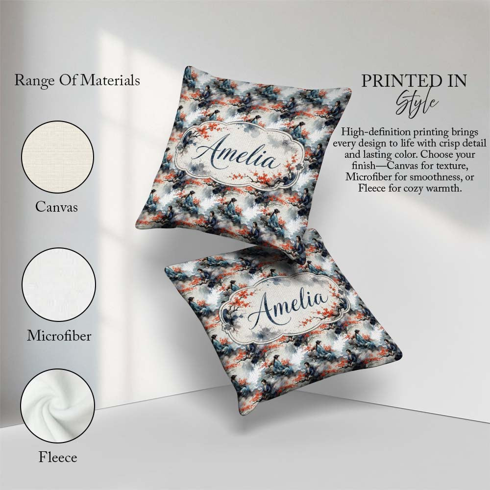 Custom Name Asian Woman Floral Tree Art Seamless Pattern Name Square Filled Cushion Throw Pillow Sofa Bed Home Decor Zip Washable UK Made