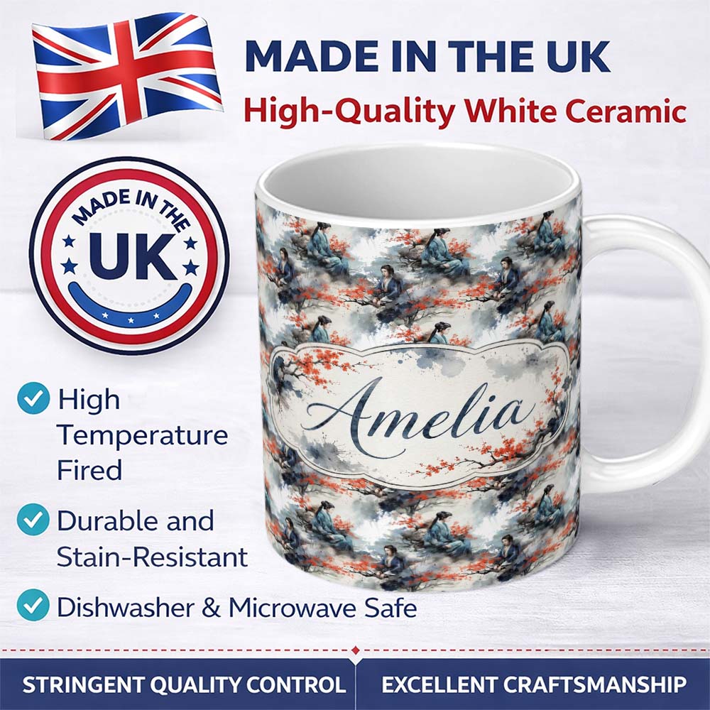 Personalized Custom Name Asian Woman Floral Tree Art Seamless Pattern Name Cute Unique Gift 11oz Ceramic Coffee Tea Mug White Large Handle